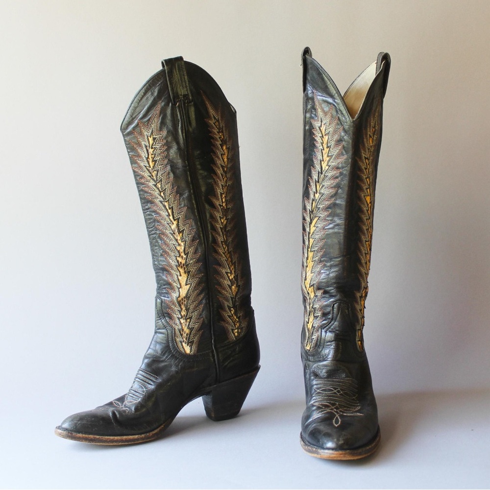 Vintage Larry Mahan Western Cowboy Boot Tall Black Tan Snakeskin Inlay Ombré 7&8